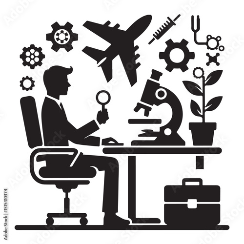 Black Color Research & Development Silhouette Vector Illustration, Solid White Background