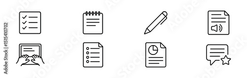 Task and note line icon set - outline, checklist, writing, planning symbols