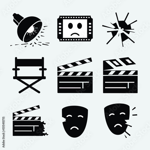 vector icons for cinema, Director's Chair , theatrical roles, video tape, cinema shattered spotlight, Theater Ticket

