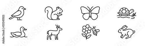 Nature and wildlife outline icon set - birds, animals, insects, and plants in line style