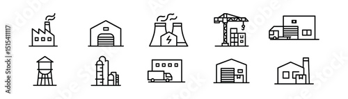 Industrial building outline icon set - factories, warehouses, and production symbols