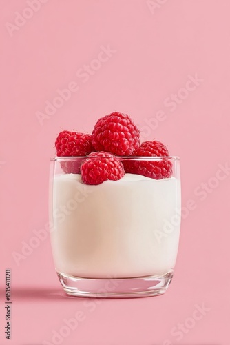 Fresh Raspberries on Creamy Yogurt in a Glass Bowl on a Pink Background