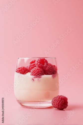 Delicious Dessert With Fresh Raspberries Served in a Clear Glass on a Pink Ba...