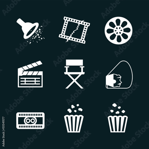 vector icons for cinema, Director's Chair , theatrical roles, video tape, cinema shattered spotlight, Theater Ticket

