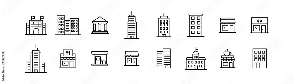 Building and architecture linear icon set - outline structures and cityscape symbols Building and architecture linear icon set - outline structures and cityscape symbols