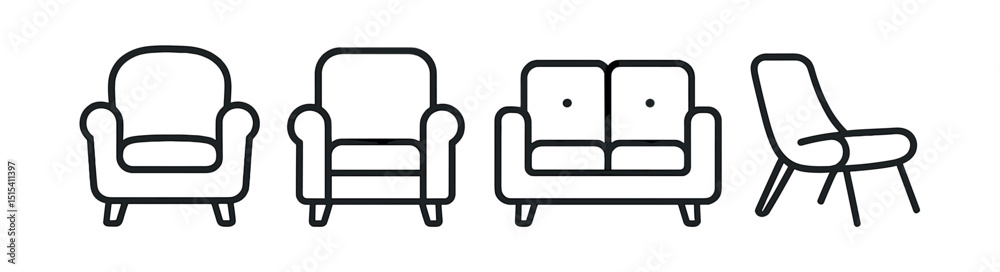 Furniture outline icon set - minimalist living room and seating symbols Furniture outline icon set - minimalist living room and seating symbols