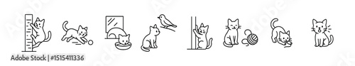 Cat activity icon set - outline, playful and cute feline symbols collection