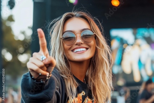 Smiling Woman Enjoying Festival Atmosphere While Posing With Peace Sign at Ou...