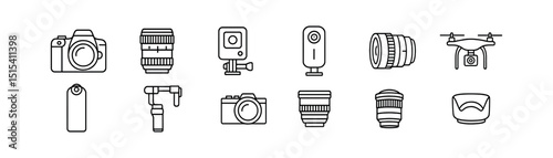Photography equipment icon set - outline, camera & lens symbols for creators