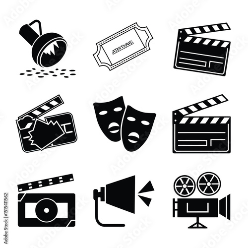 vector icons for cinema, Director's Chair , theatrical roles, video tape, cinema shattered spotlight, Theater Ticket
