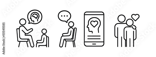 Mental health linear icon set - therapy, psychotherapy, counseling symbols