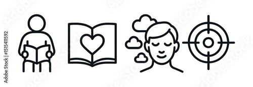 Education & mindfulness linear icon set - calm, focus, study symbols