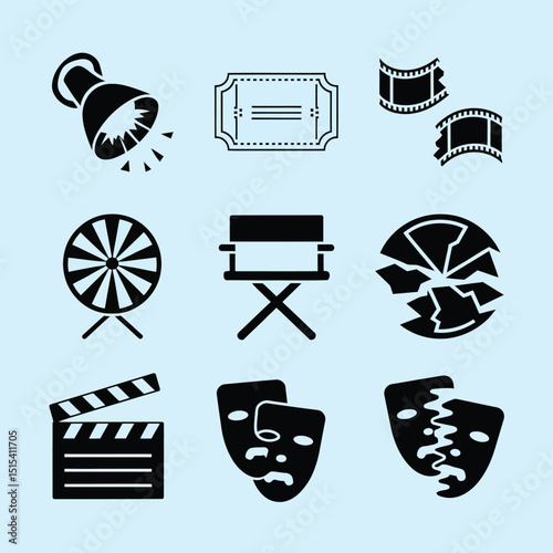vector icons for cinema, Director's Chair , theatrical roles, video tape, cinema shattered spotlight, Theater Ticket
