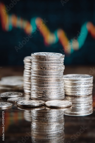 Stacked Coins With Financial Chart Background Showing Market Trends and Growt...