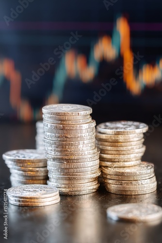 Stacked Coins Reflecting Financial Trends With Declining Market Indicators in...