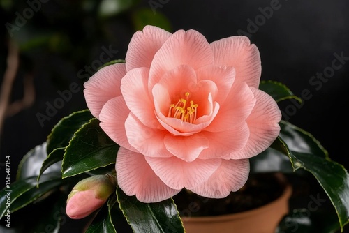 Beautiful Pink Camellia Flower Blooming Against a Dark Background in a Cozy I...