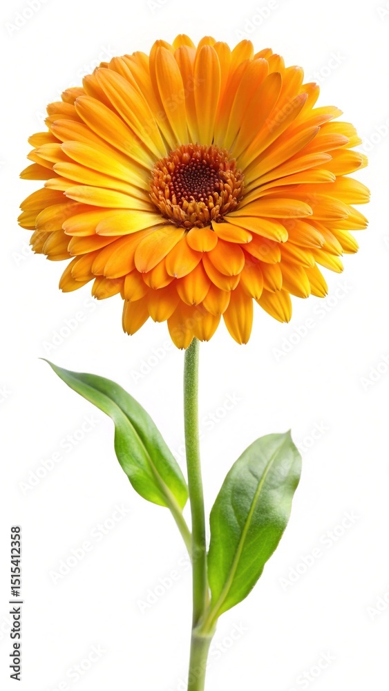 Closeup of a Vibrant Orange Calendula Flower with Green Leaves and Stem