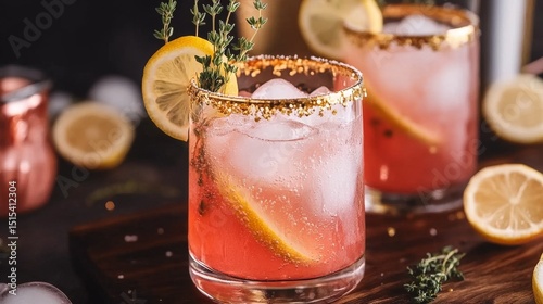 Refreshing Cocktail With Lemon Slices and Thyme Garnish Served on Dark Wooden...