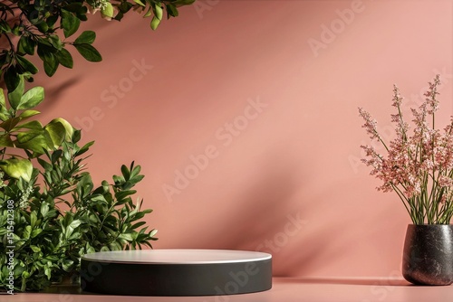 Decorative Vase With Blooming Flowers Against a Soft Pink Wall in a Minimalis...