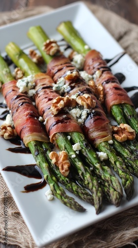 Crispy Asparagus Wrapped in Savory Bacon With Walnuts and Cheese Garnished Wi...