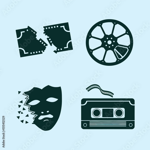 vector icons for cinema, Director's Chair , theatrical roles, video tape, cinema shattered spotlight, Theater Ticket

