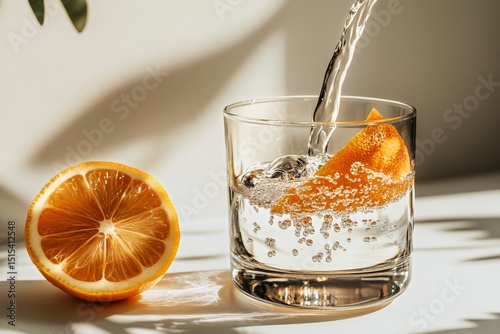 Refreshing Drink With Lemon Slices in a Clear Glass on a Sunny Table