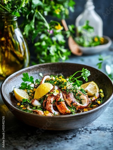 Grilled Octopus Salad With Herbs and Lemon Served in a Rustic Bowl on a Textu...