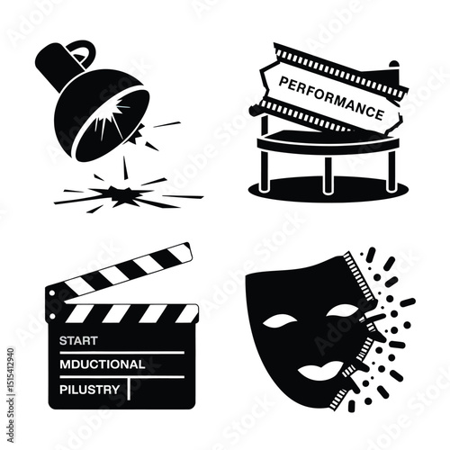 vector icons for cinema, Director's Chair , theatrical roles, video tape, cinema shattered spotlight, Theater Ticket
