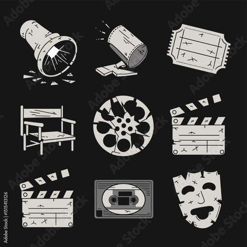 vector icons for cinema, Director's Chair , theatrical roles, video tape, cinema shattered spotlight, Theater Ticket
