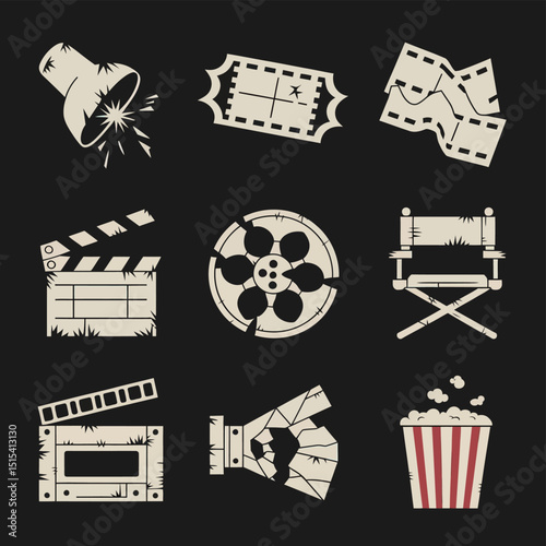 vector icons for cinema, Director's Chair , theatrical roles, video tape, cinema shattered spotlight, Theater Ticket
