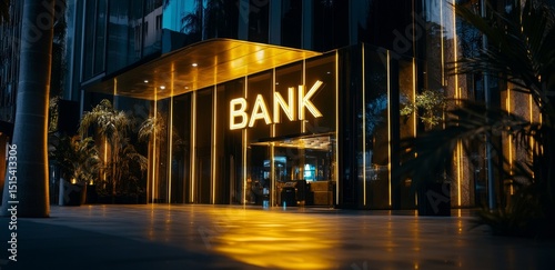 Modern Bank Building Illuminated at Night Showcasing Reflective Glass and Vib...