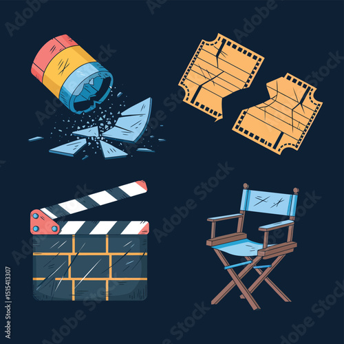 vector icons for cinema, Director's Chair , theatrical roles, video tape, cinema shattered spotlight, Theater Ticket
