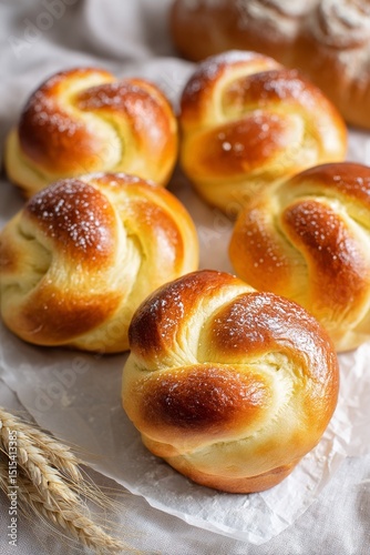 Freshly Baked Sweet Rolls Arranged on a Linen Cloth With Golden Crust