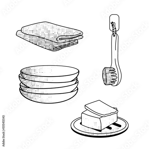 dish brush, bar of natural soap, reusable kitchen towels and clean plates, black and white line art for eco-friendly living