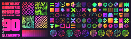 Brutalist geometric shapes, neon modern symbols. Groovy checkered pattern, distorted tiled grid. Simple elements, forms. Retro design, trendy contemporary minimalist style, y2k. Vector illustration