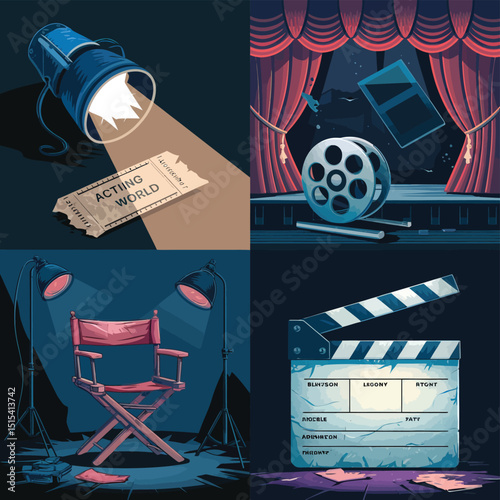 vector icons for cinema, Director's Chair , theatrical roles, video tape, cinema shattered spotlight, Theater Ticket

