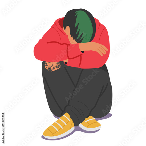 Hipster teenage guy cartoon character in emotional stress feeling sad and fatigue isolated on white
