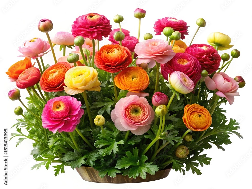 Obraz premium Beautiful closeup bouquet of colorful ranunculus flowers in a rustic container