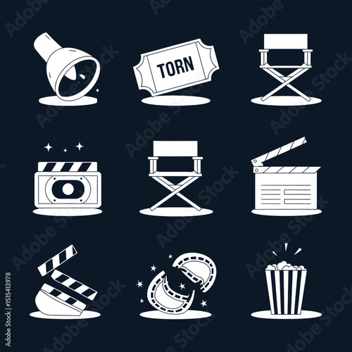 vector icons for cinema, Director's Chair , theatrical roles, video tape, cinema shattered spotlight, Theater Ticket
