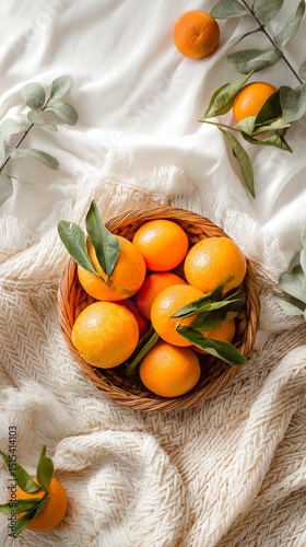 Fresh Oranges in a Woven Basket Surrounded by Leaves on a White Fabric Surface