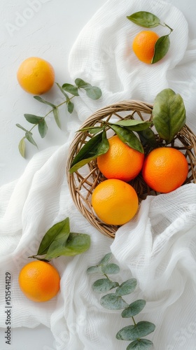 Fresh Oranges in a Wicker Basket Surrounded by Leafy Greens and White Fabric