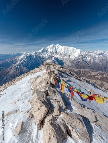 High Altitude Mountain Panorama with Prayer Flags