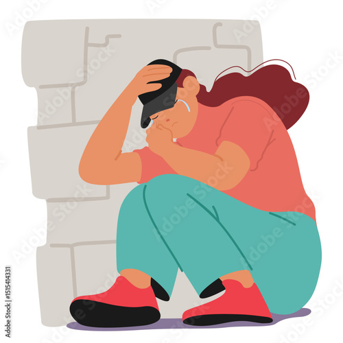 Teenage girl cartoon character crying hiding behind brick wall suffering from abuse masking emotions