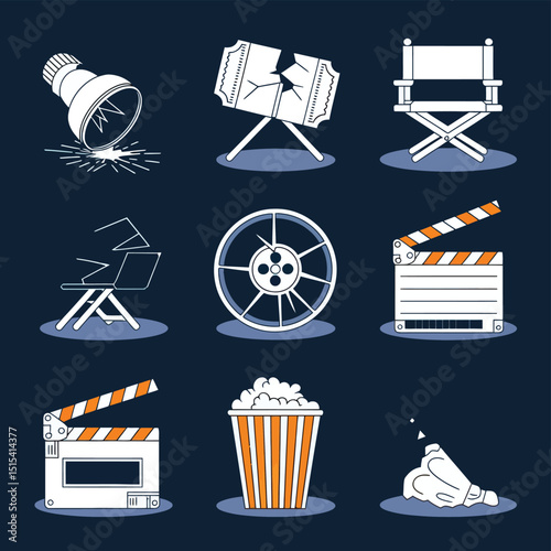 vector icons for cinema, Director's Chair , theatrical roles, video tape, cinema shattered spotlight, Theater Ticket

