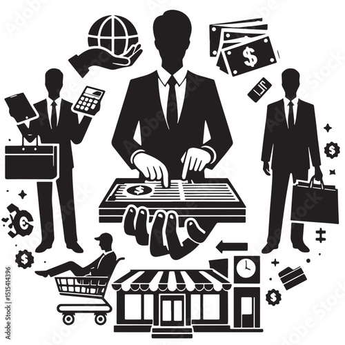 Black Color Retail Management Silhouette Vector Illustration, Solid White Background
