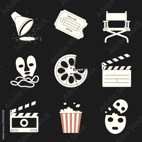 vector icons for cinema, Director's Chair , theatrical roles, video tape, cinema shattered spotlight, Theater Ticket
