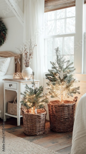 Decorative Small Christmas Trees in Cozy Bedroom With Warm Lighting and Rusti...