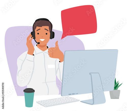 Tour operator character wearing headset consulting client online sitting front of computer monitor