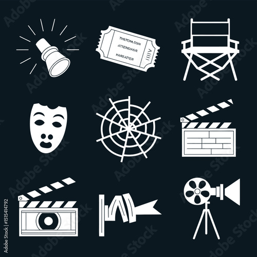 vector icons for cinema, Director's Chair , theatrical roles, video tape, cinema shattered spotlight, Theater Ticket
