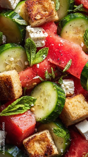 Refreshing Watermelon Cucumber Salad With Mint and Croutons During Summer Gat...